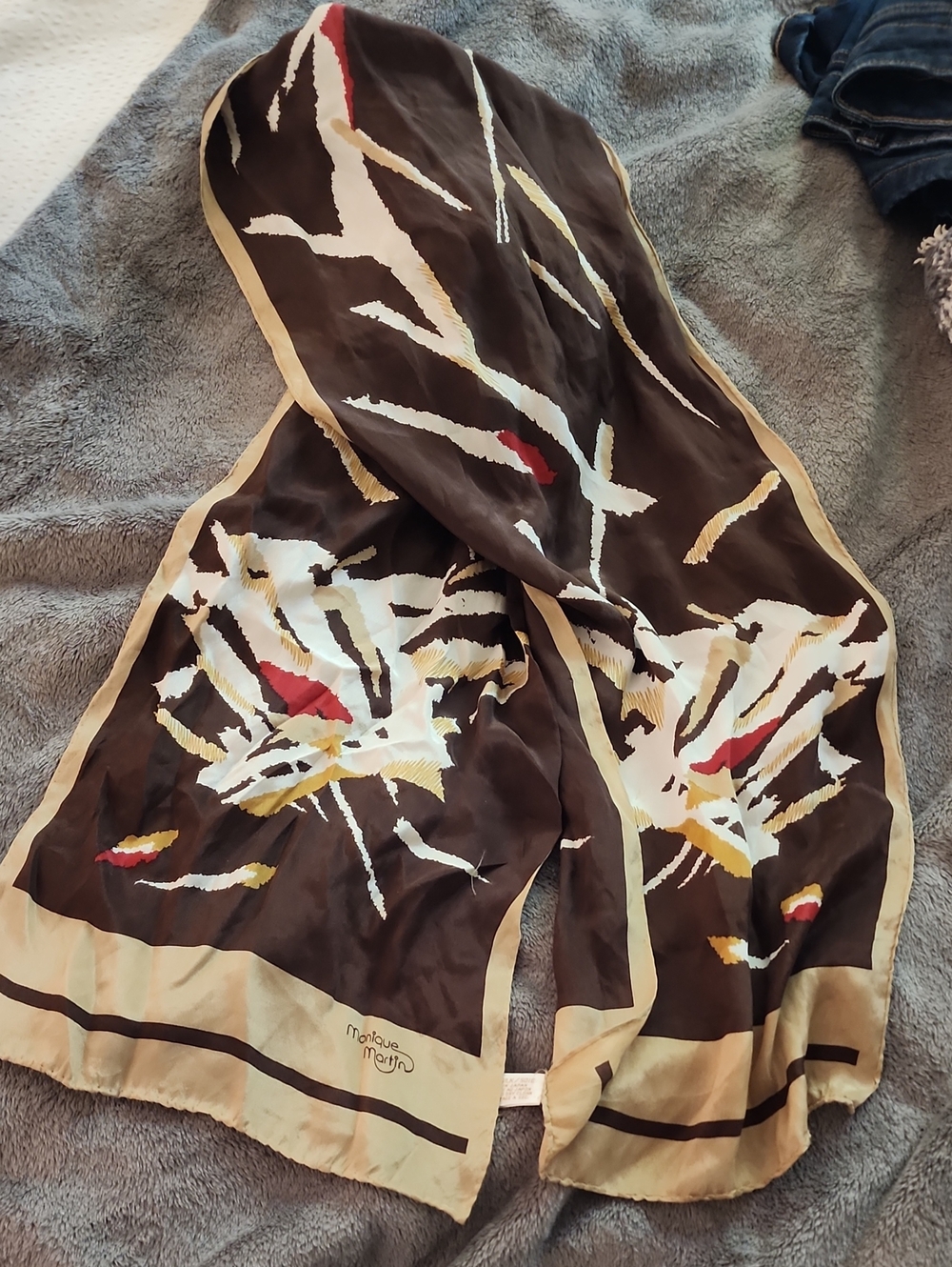 Monique Martin Silk Floral Print Scarf in Brown, Cream & Red